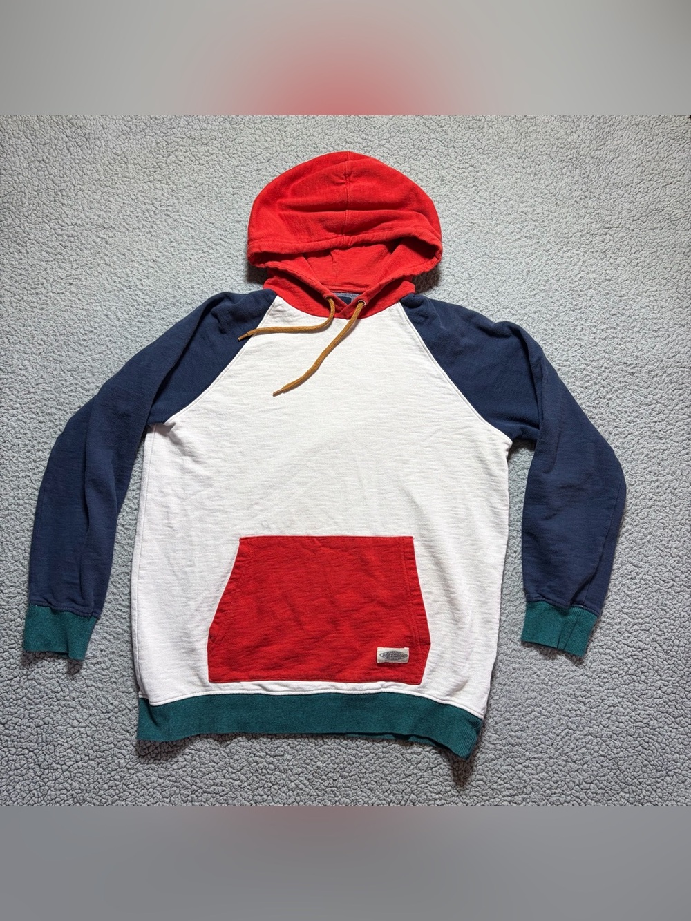 CPO Provisions 90s-Inspired Retro-Style Color Block Hoodie Red White Blue Raglan